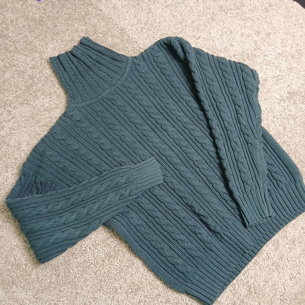 Eddie Bauer Mens Teal Green Cable Knit‎ Turtleneck Cotton Sweater Large Vintage